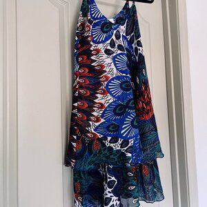 Rima Beachwear Women's Peacock Tiered Sheer Coverup Dress Blue Red Teal Medium